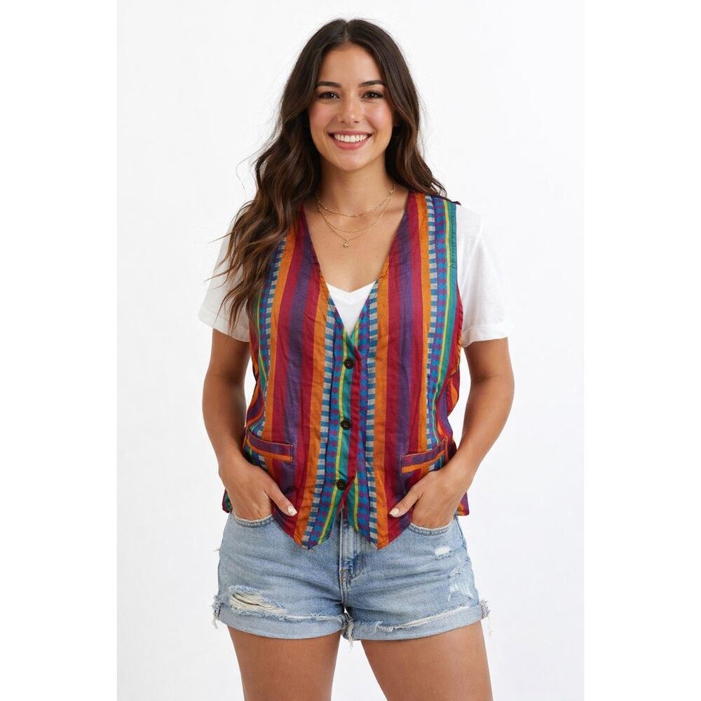 Vintage Angelique Striped Boho Vest  L Colorful Festival Southwest Cotton Rayon